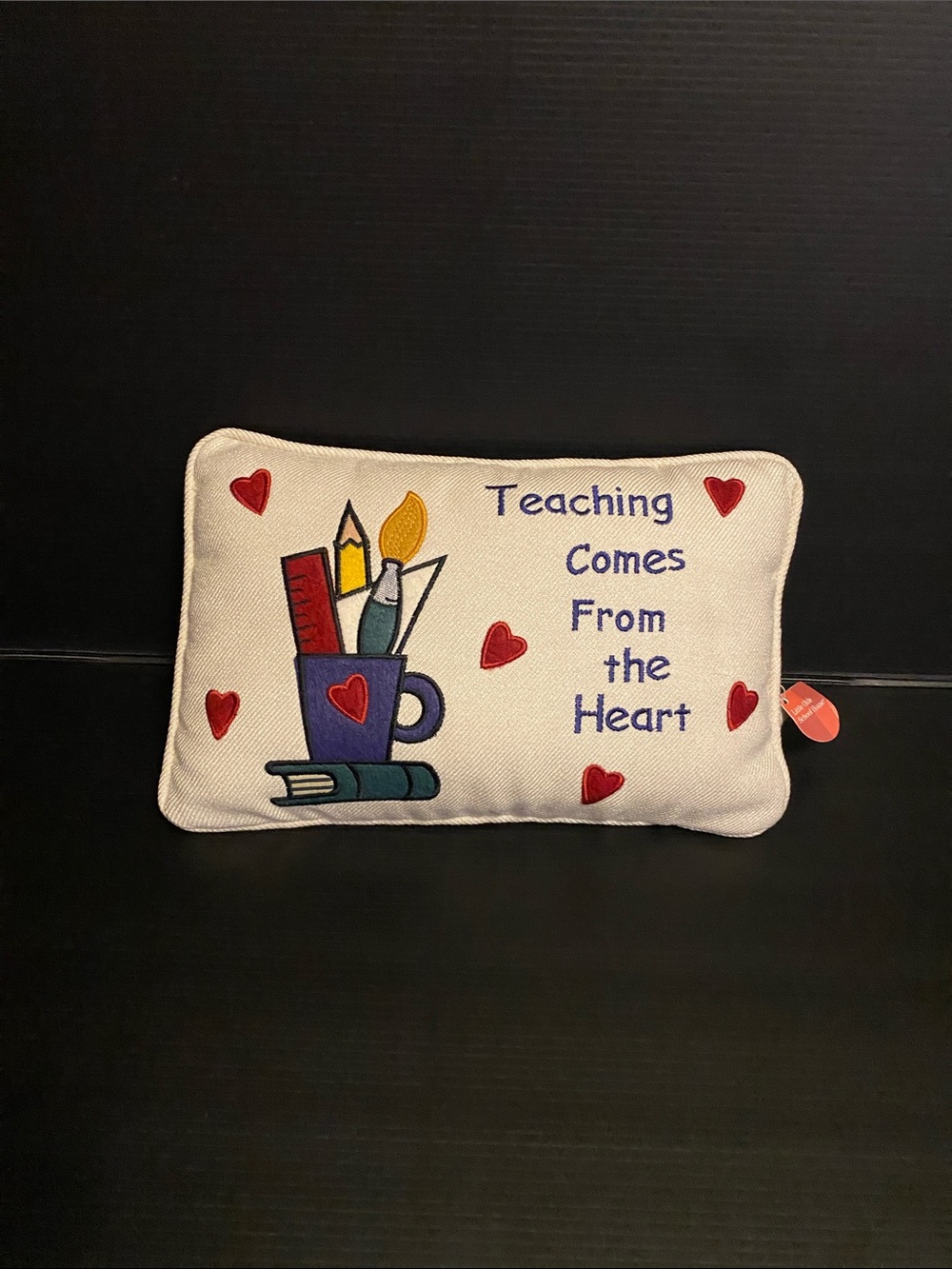 Russ Cream Pillow with Red Hearts and Blue Cup Design